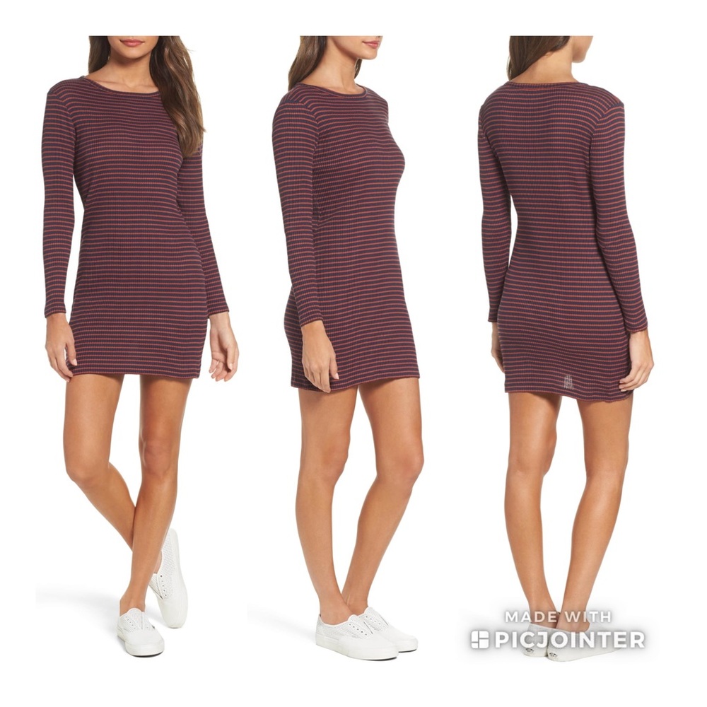 French Connection Tim Tim Rib Stripe Dress S Bodycon Navy Blue Red Long Sleeve